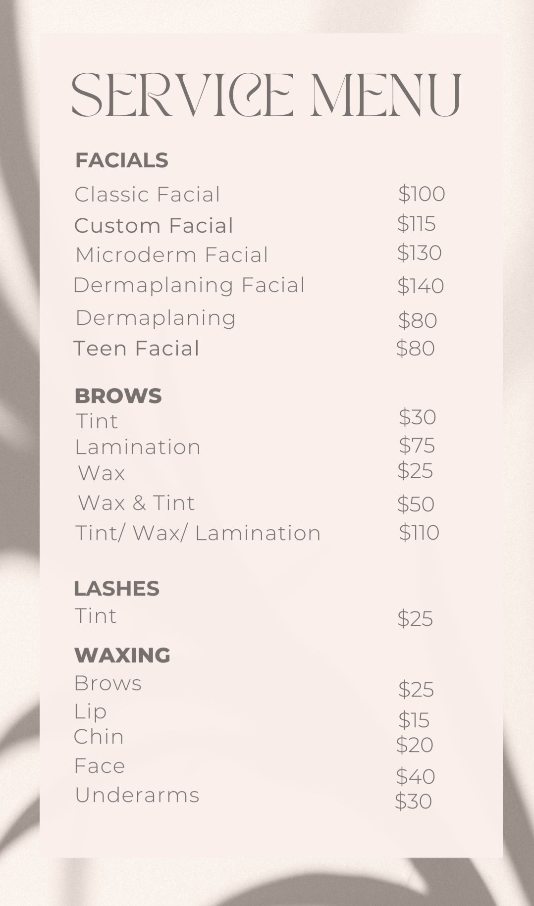 esthetician services card with prices
